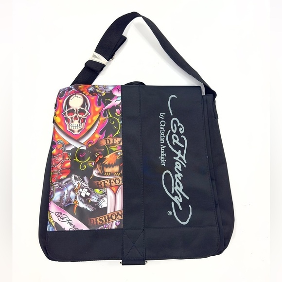 NEW Ed Hardy Messenger Bag Black Skull Tattoo Graphic Y2K Christian Audigier - Picture 11 of 11
